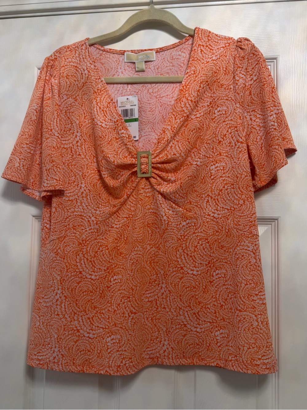 Michael Kors Top NWT L Orange Paisley V-Neck Silver Hardware Blouse